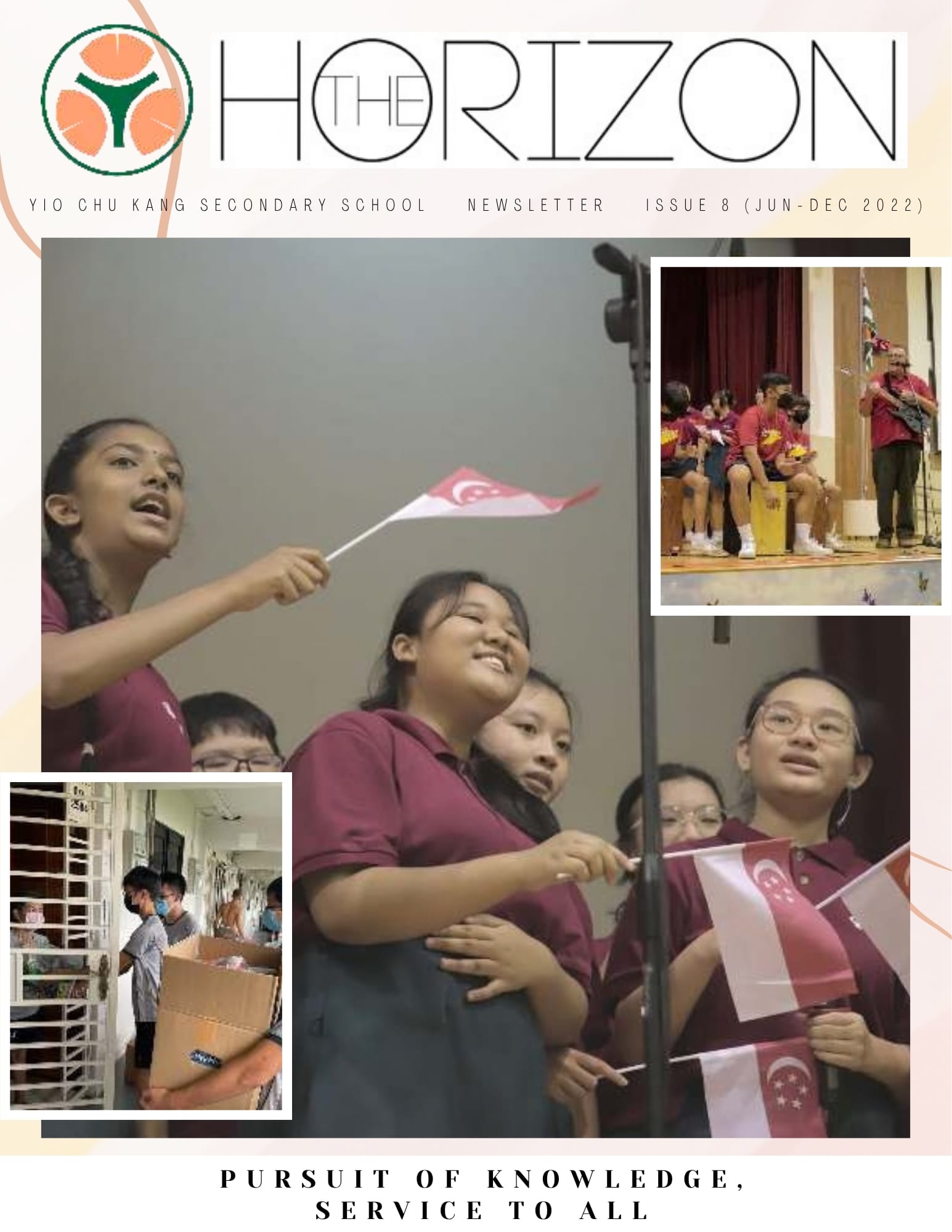 Cover page of Yio Chu Kang Secondary School newsletter titled "THE HORIZON", Issue 8 (Jun – Dec 2022). Main photograph shows students waving Singapore flags during National Day celebrations. Two inset photos show a stage performance and students delivering care packages along HDB residential corridors. Footer contains the school motto "PURSUIT OF KNOWLEDGE, SERVICE TO ALL".